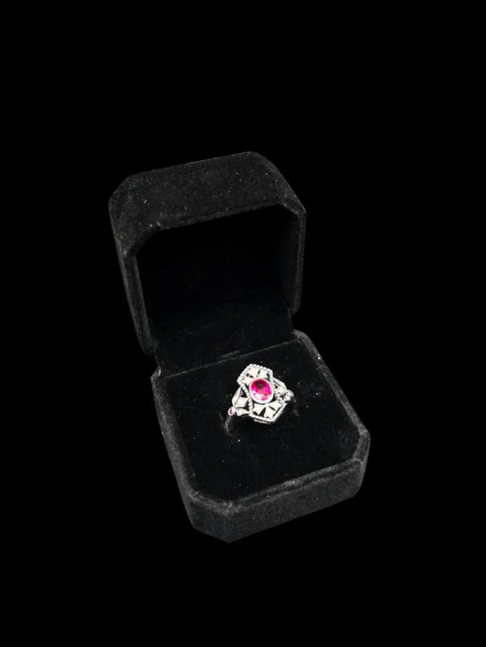 Vintage Art Deco Sterling Silver Ring With Dark Pink Red Tourmaline 925 in Box
